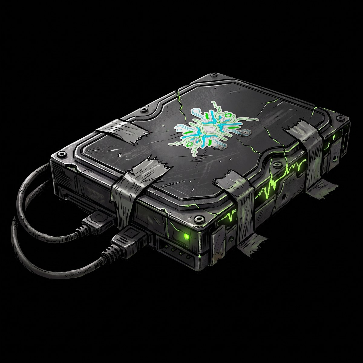 The Insane Azylum drive: a battered hard drive wrapped in tape, green light leaking from its cracks